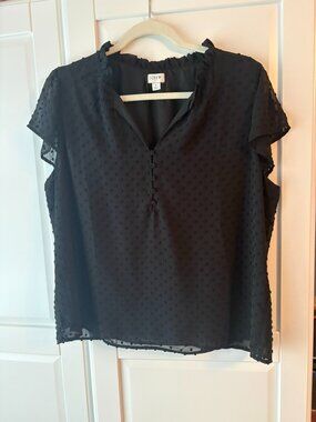 J. Crew Black Chiffon Textured Short Sleeve Blouse with Buttons, Size Large